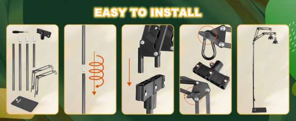 Soporte metálico con doble brazo 360° y alta carga, ajustable hasta 194 cm para terrarios grandes.