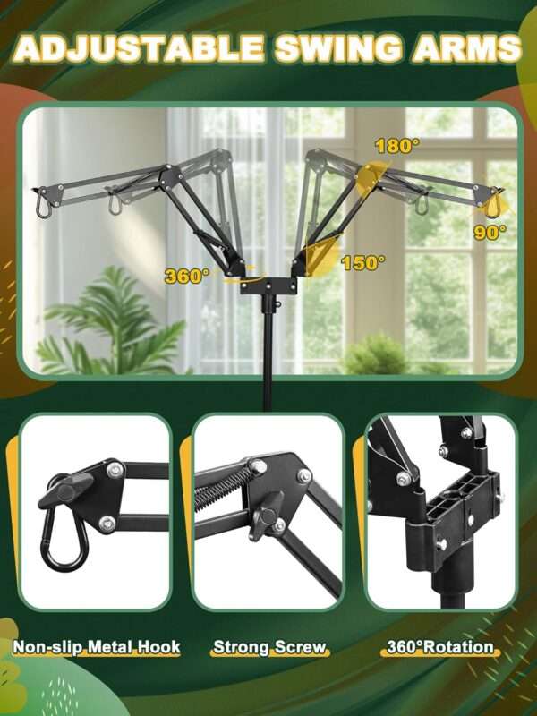 Soporte metálico con doble brazo 360° y alta carga, ajustable hasta 194 cm para terrarios grandes.