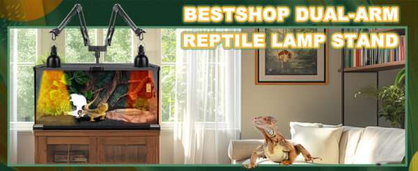 Soporte metálico con doble brazo 360° y alta carga, ajustable hasta 194 cm para terrarios grandes.