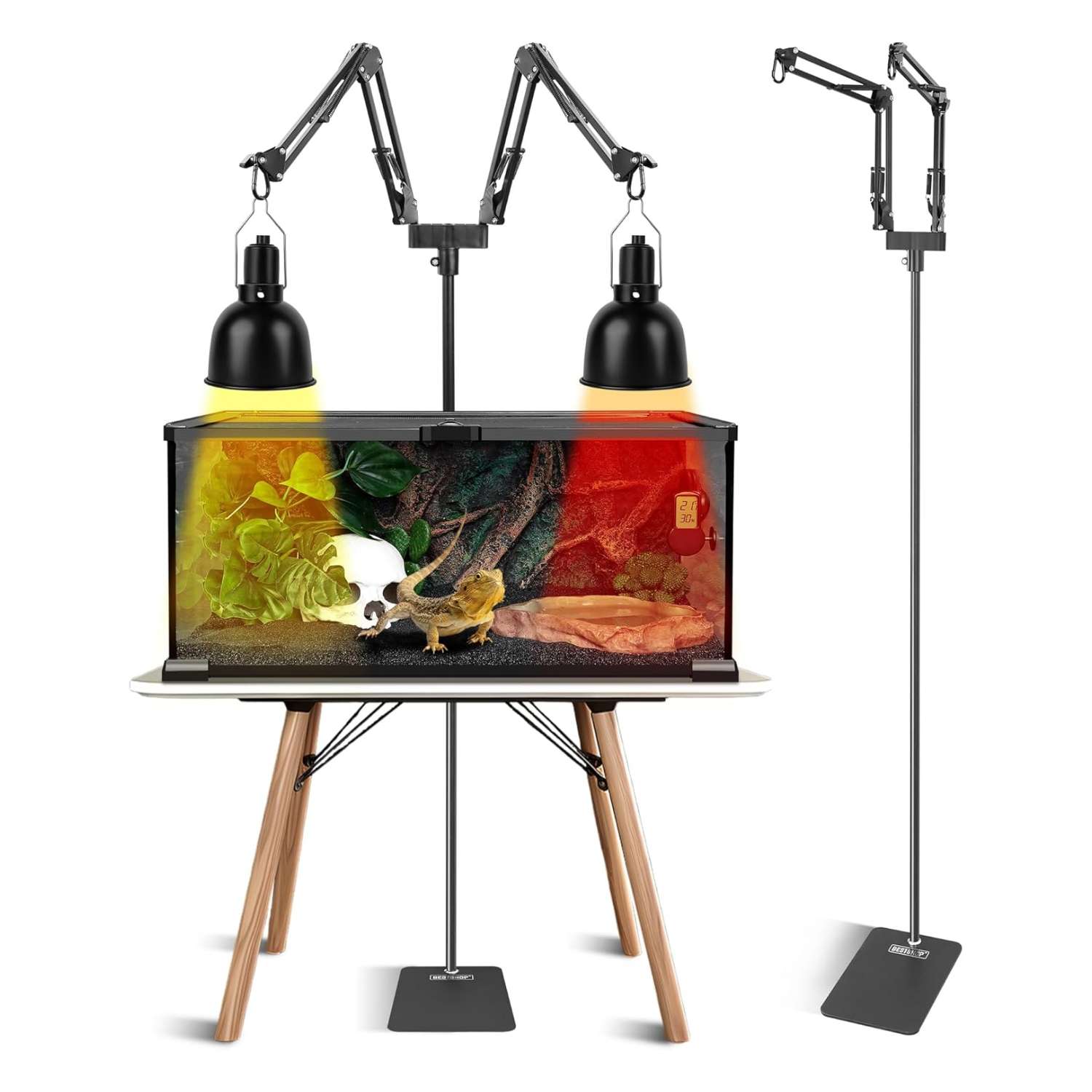 Soporte metálico con doble brazo 360° y alta carga, ajustable hasta 194 cm para terrarios grandes.