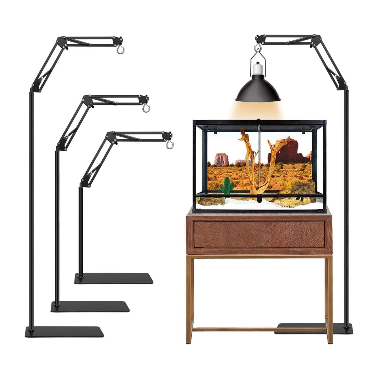 Soporte metálico extra grande para lámpara de reptiles, ajustable de 40 a 189 cm de altura, con brazo 360° y base reforzada.