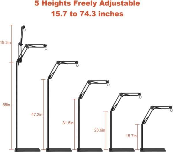 Soporte metálico extra grande para lámpara de reptiles, ajustable de 40 a 189 cm de altura, con brazo 360° y base reforzada.