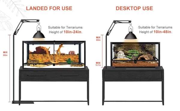 Soporte metálico extra grande para lámpara de reptiles, ajustable de 40 a 189 cm de altura, con brazo 360° y base reforzada.