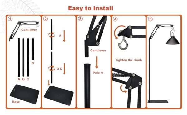 Soporte metálico extra grande para lámpara de reptiles, ajustable de 40 a 189 cm de altura, con brazo 360° y base reforzada.