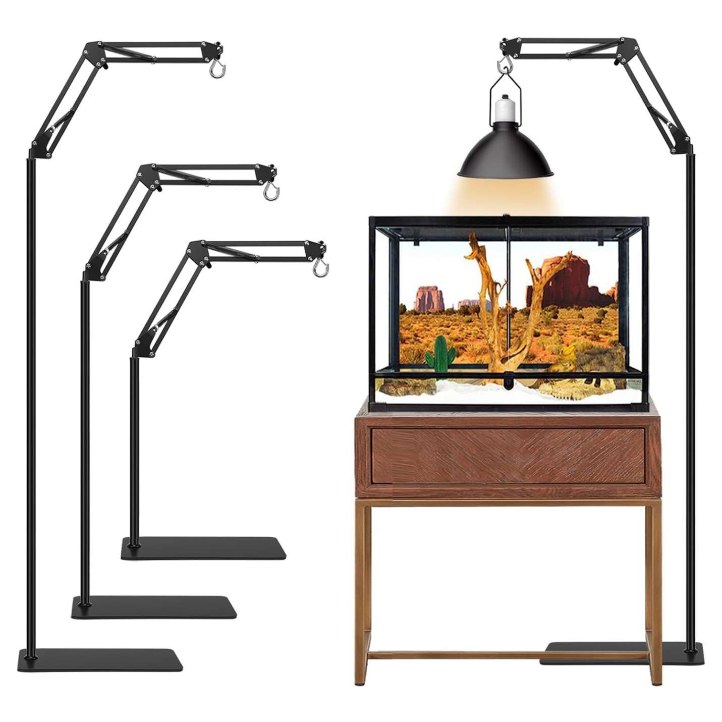 Soporte metálico extra grande para lámpara de reptiles, ajustable de 40 a 189 cm de altura, con brazo 360° y base reforzada.