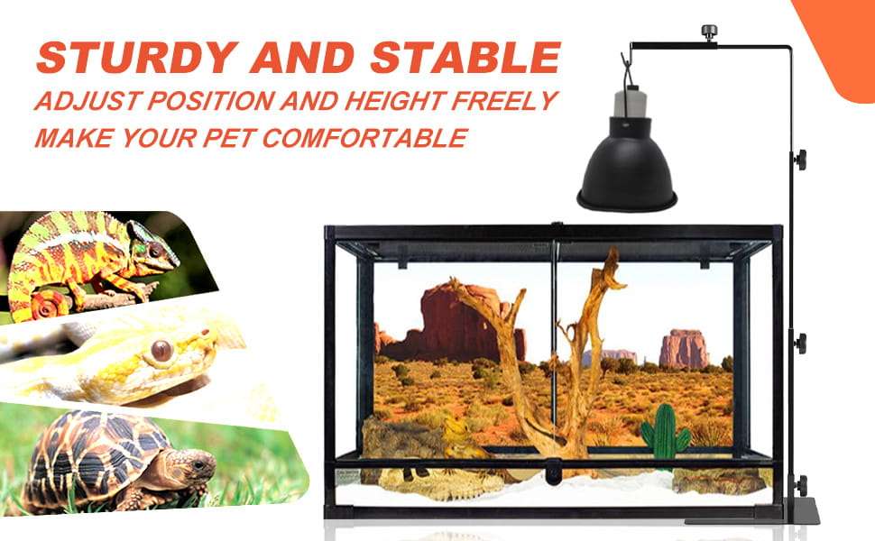 Soporte metálico con doble brazo 360° y alta carga, ajustable hasta 194 cm para terrarios grandes.