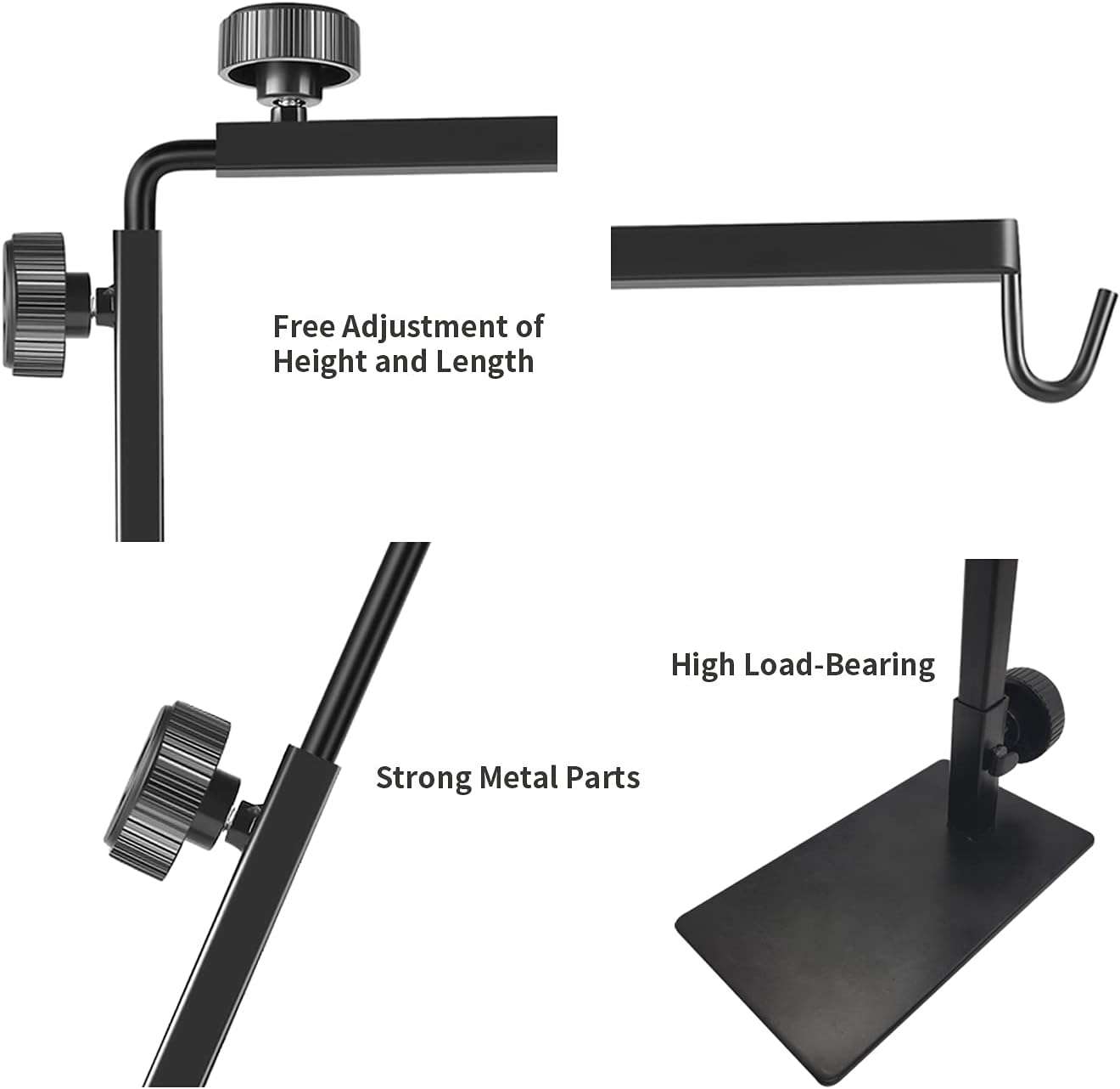 Soporte metálico con doble brazo 360° y alta carga, ajustable hasta 194 cm para terrarios grandes.