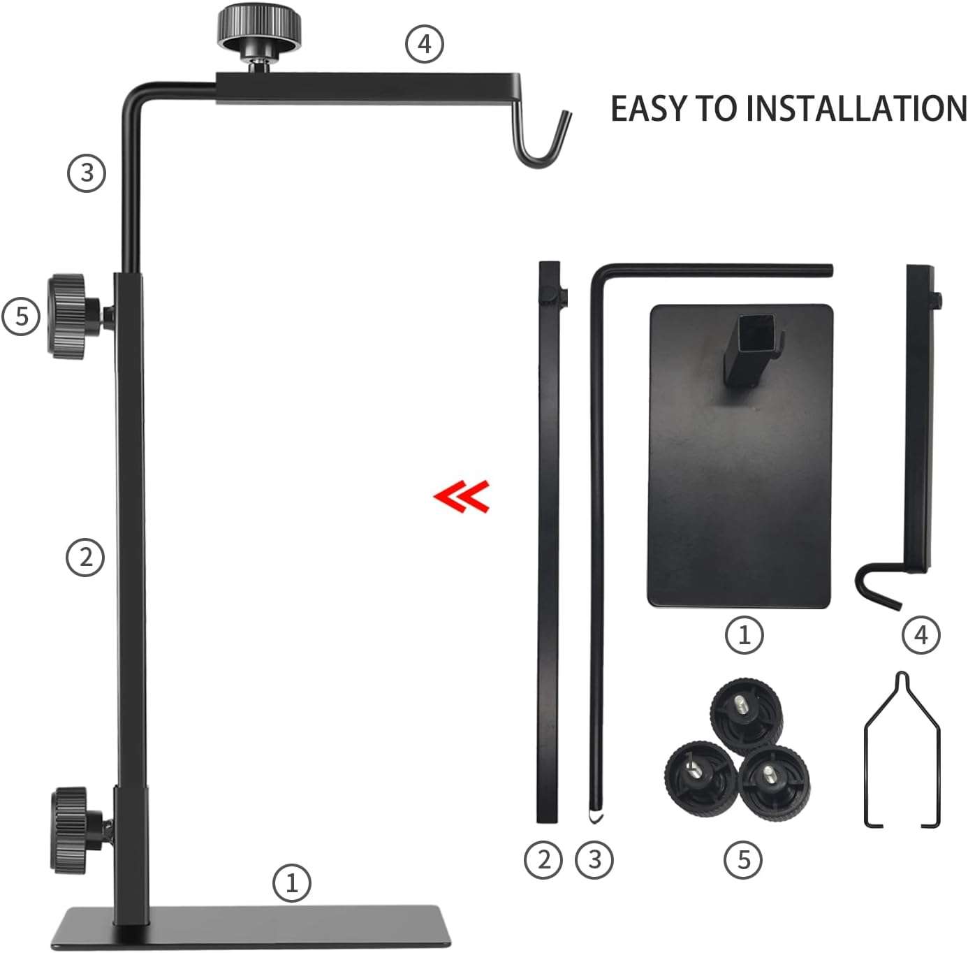 Soporte metálico con doble brazo 360° y alta carga, ajustable hasta 194 cm para terrarios grandes.
