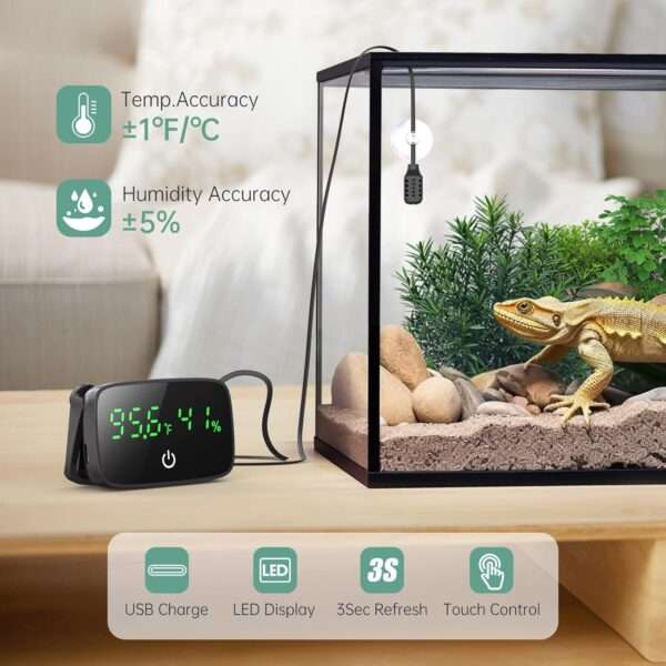 Termómetro digital y medidor de humedad 2 en 1 para terrario con pantalla LED y sonda de 80 cm.