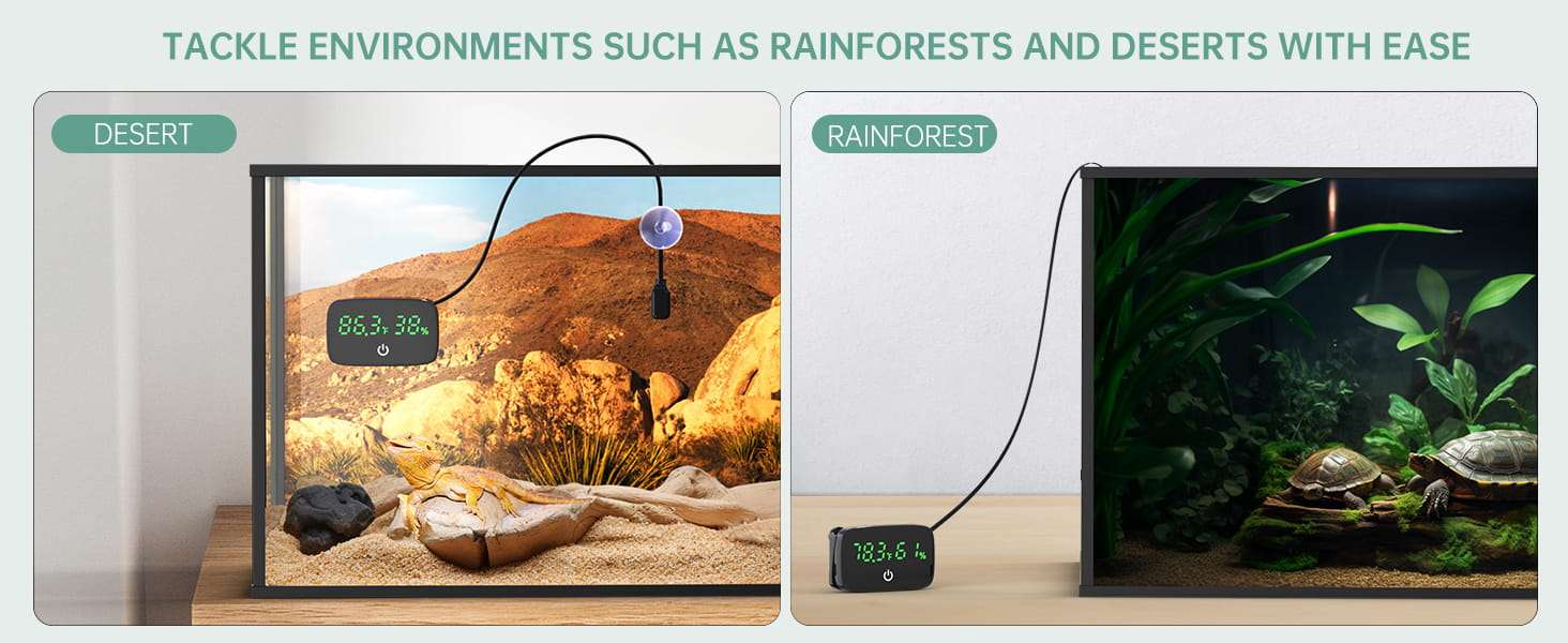 Termómetro digital y medidor de humedad 2 en 1 para terrario con pantalla LED y sonda de 80 cm.