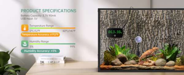 Termómetro digital y medidor de humedad 2 en 1 para terrario con pantalla LED y sonda de 80 cm.