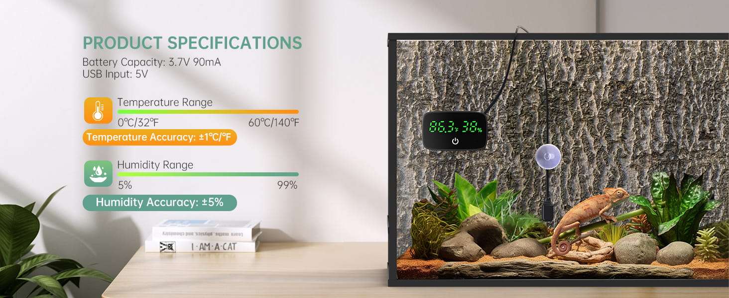 Termómetro digital y medidor de humedad 2 en 1 para terrario con pantalla LED y sonda de 80 cm.