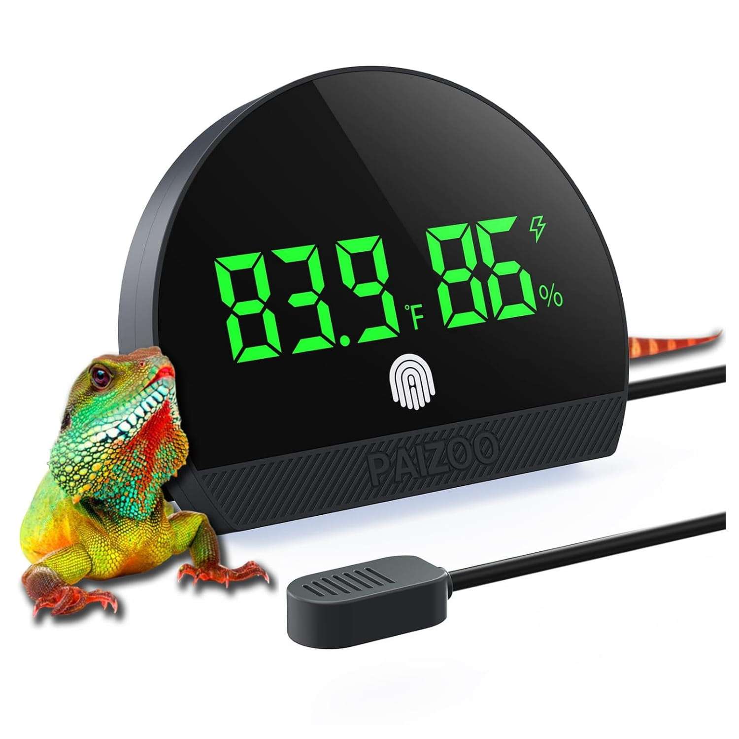 Vista frontal de termómetro e higrómetro digital con pantalla LCD y batería USB. Incluye sonda sumergible para medición de temperatura y humedad en terrarios, incubadoras o viveros.