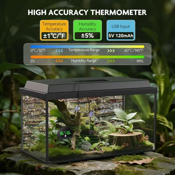 Vista frontal de termómetro e higrómetro digital con pantalla LCD y batería USB. Incluye sonda sumergible para medición de temperatura y humedad en terrarios, incubadoras o viveros.