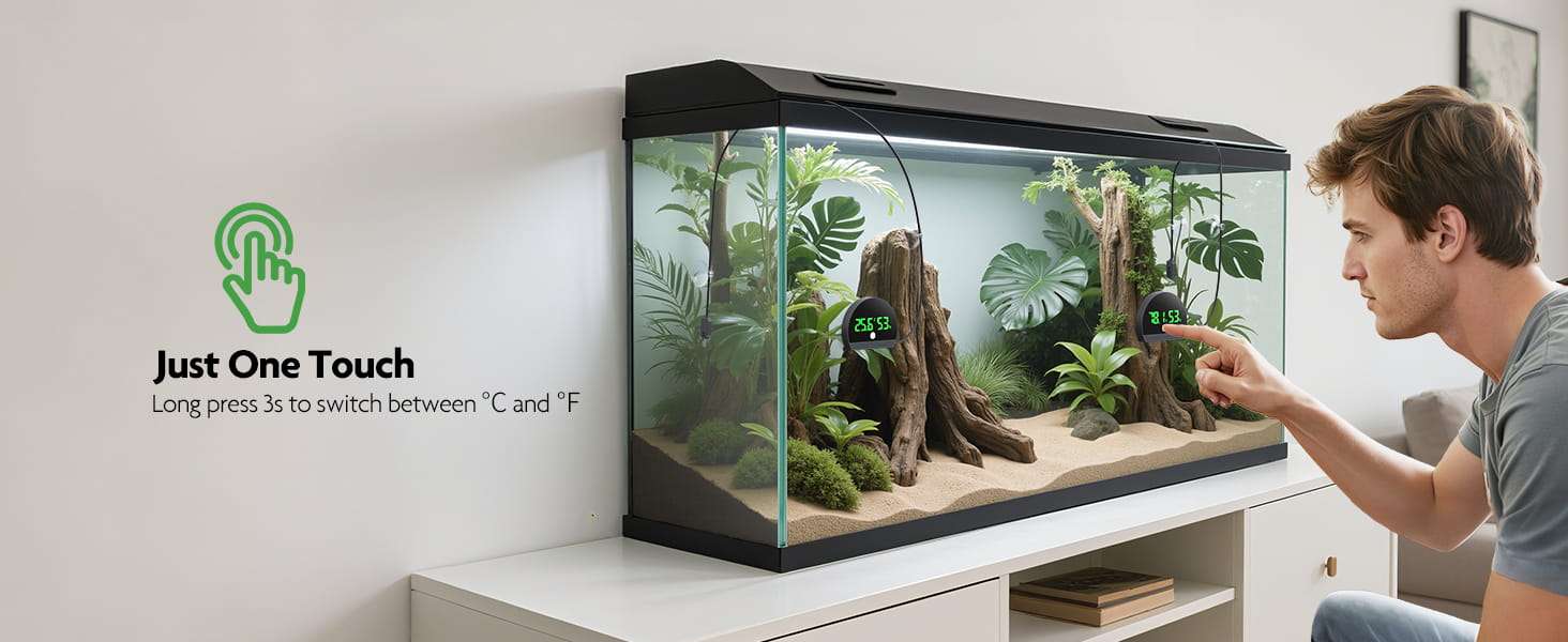 Vista frontal de termómetro e higrómetro digital con pantalla LCD y batería USB. Incluye sonda sumergible para medición de temperatura y humedad en terrarios, incubadoras o viveros.