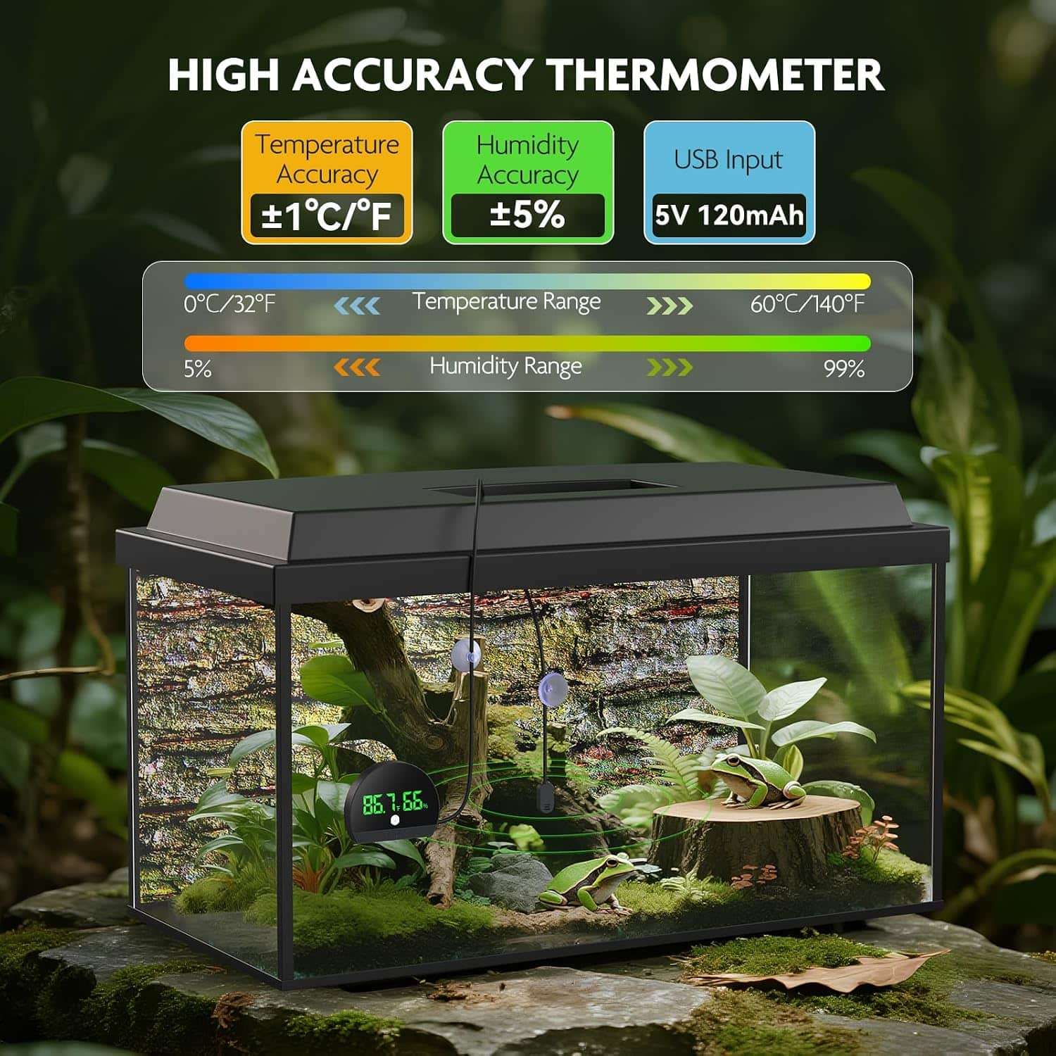 Vista frontal de termómetro e higrómetro digital con pantalla LCD y batería USB. Incluye sonda sumergible para medición de temperatura y humedad en terrarios, incubadoras o viveros.