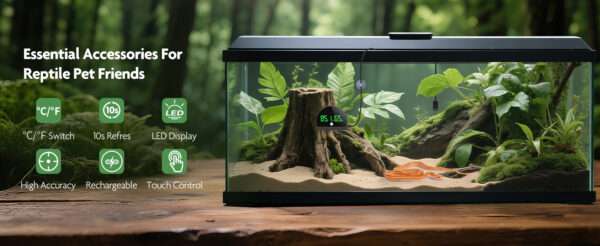 Vista frontal de termómetro e higrómetro digital con pantalla LCD y batería USB. Incluye sonda sumergible para medición de temperatura y humedad en terrarios, incubadoras o viveros.