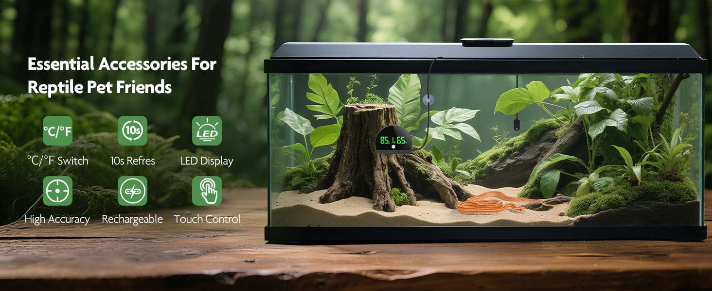 Vista frontal de termómetro e higrómetro digital con pantalla LCD y batería USB. Incluye sonda sumergible para medición de temperatura y humedad en terrarios, incubadoras o viveros.