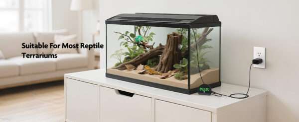 Vista frontal de termómetro e higrómetro digital con pantalla LCD y batería USB. Incluye sonda sumergible para medición de temperatura y humedad en terrarios, incubadoras o viveros.