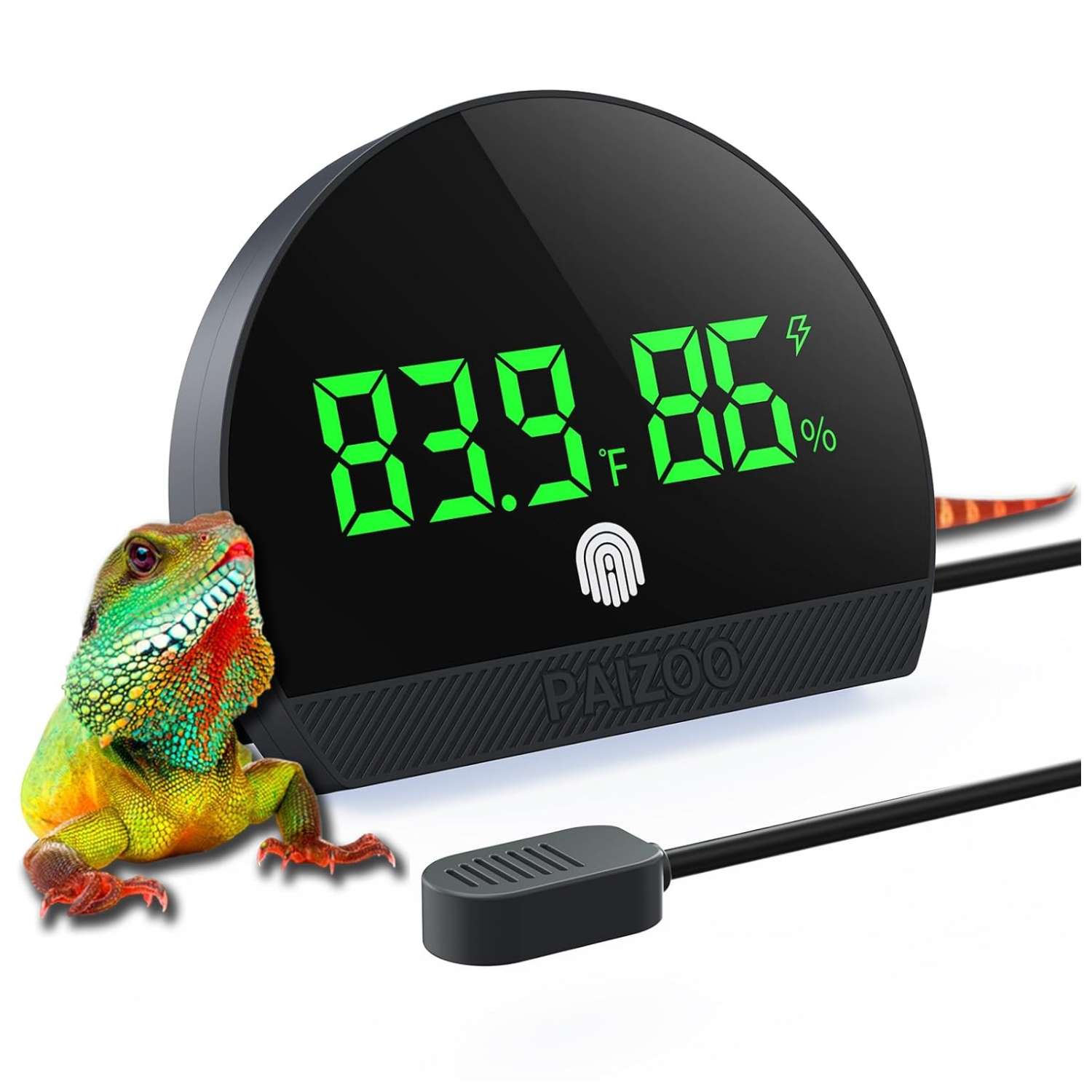 Vista frontal de termómetro e higrómetro digital con pantalla LCD y batería USB. Incluye sonda sumergible para medición de temperatura y humedad en terrarios, incubadoras o viveros.