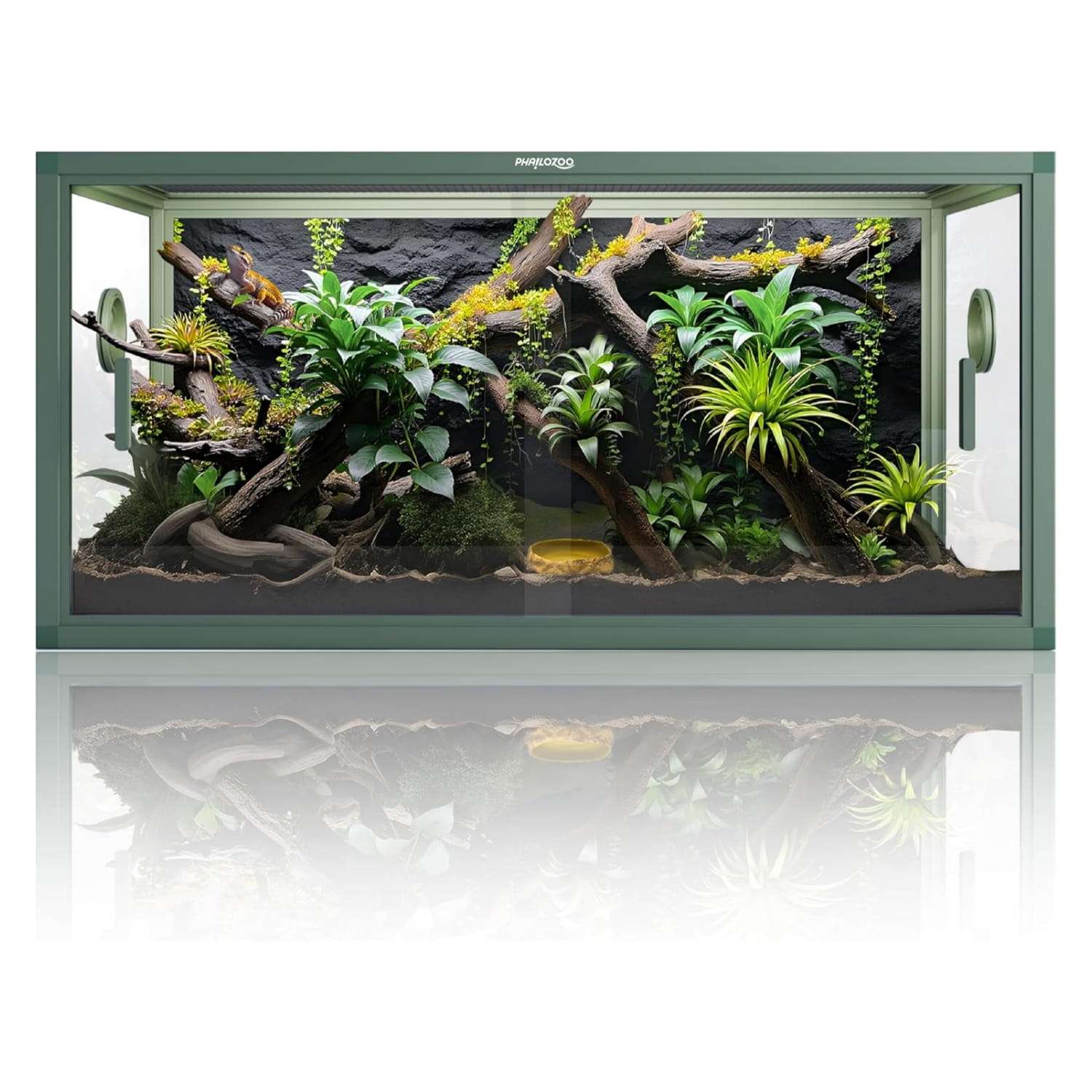 Un terrario de 50 galones con apertura frontal, hecho de vidrio y diseñado para reptiles como geckos o dragones barbudos.