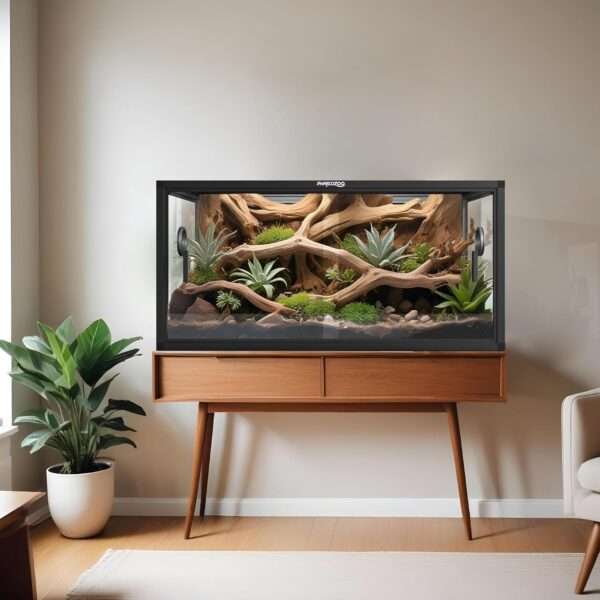 Un terrario de 50 galones con apertura frontal, hecho de vidrio y diseñado para reptiles como geckos o dragones barbudos.