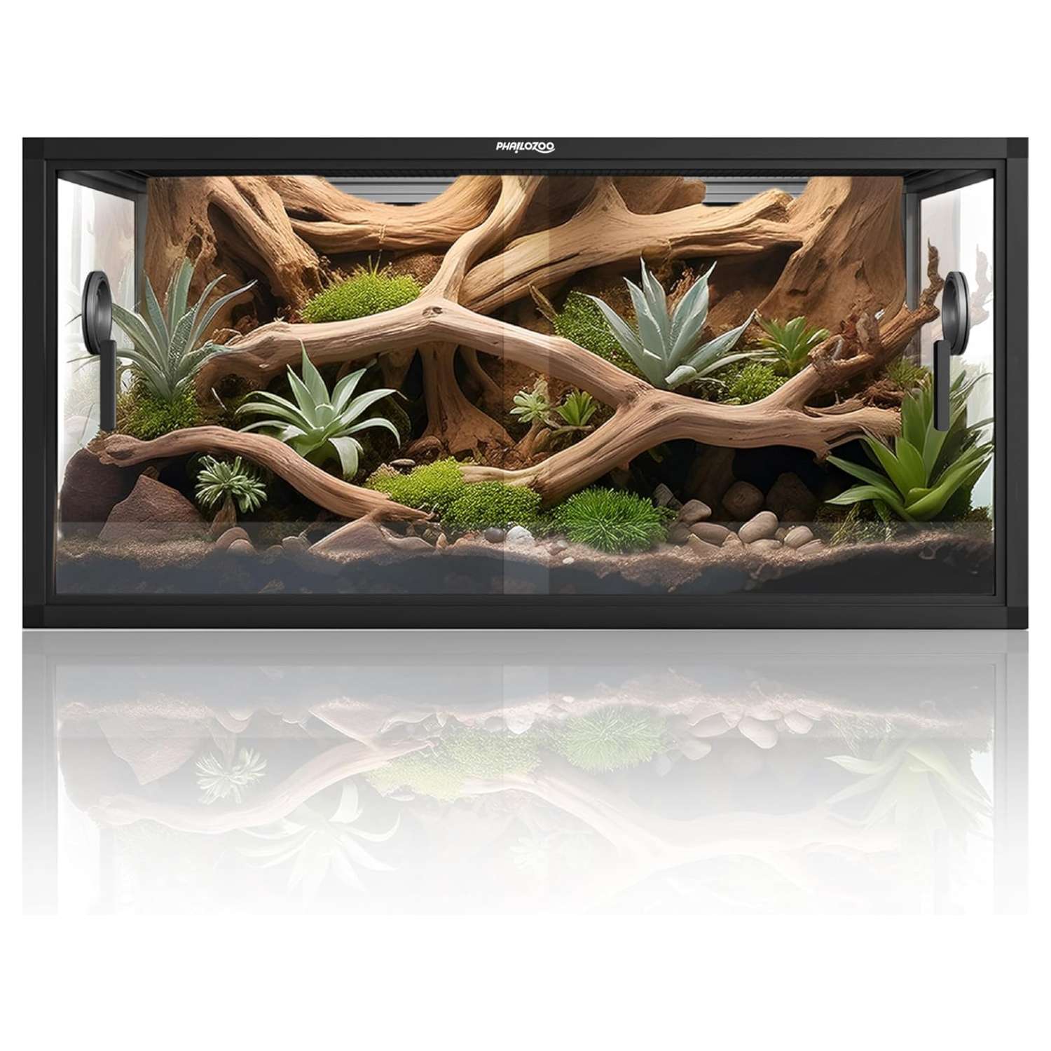 Un terrario de 50 galones con apertura frontal, hecho de vidrio y diseñado para reptiles como geckos o dragones barbudos.