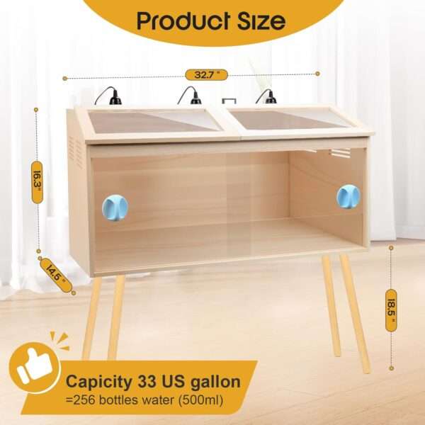 Un terrario de 33 galones para reptiles con paneles de madera y acrílico, diseñado para dragones barbudos adultos.