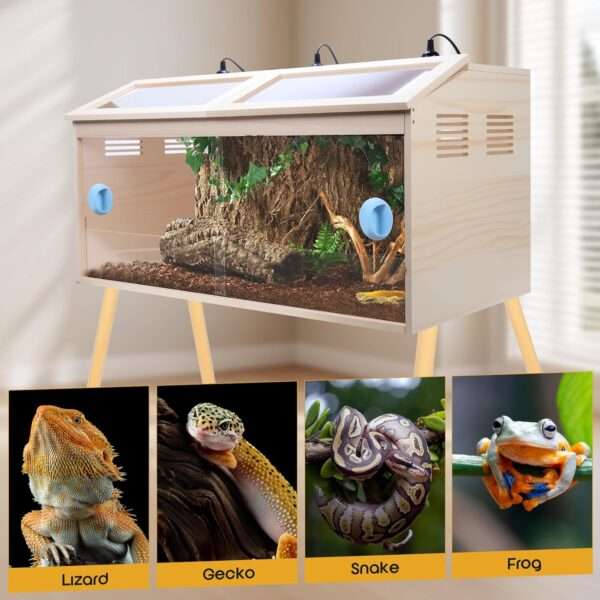 Un terrario de 33 galones para reptiles con paneles de madera y acrílico, diseñado para dragones barbudos adultos.