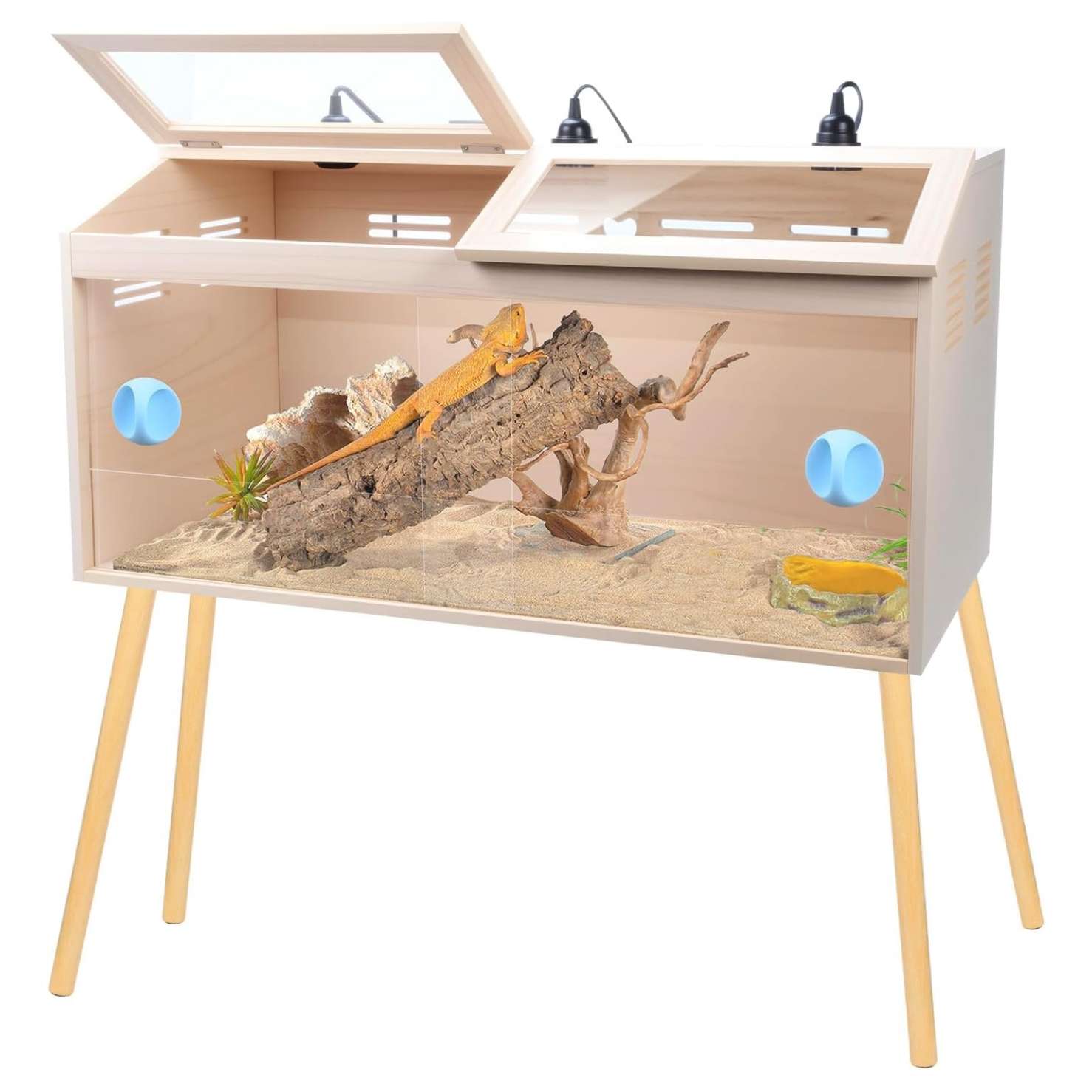 Un terrario de 33 galones para reptiles con paneles de madera y acrílico, diseñado para dragones barbudos adultos.