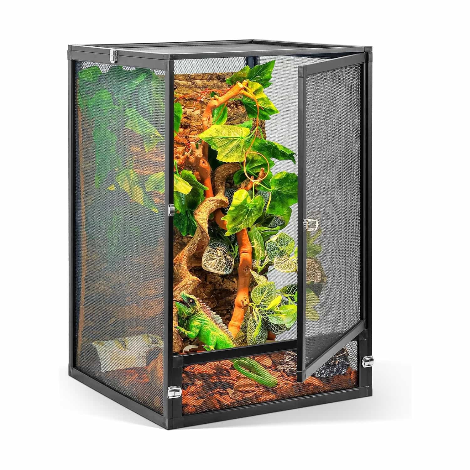 Un terrario de malla metálica para reptiles, mostrando su vista de 360°, diseño de fácil armado y óptima ventilación.