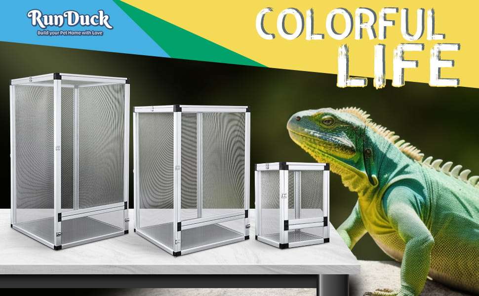 Un terrario de malla metálica para reptiles, mostrando su vista de 360°, diseño de fácil armado y óptima ventilación.