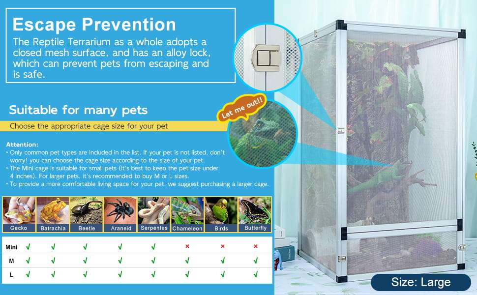 Un terrario de malla metálica para reptiles, mostrando su vista de 360°, diseño de fácil armado y óptima ventilación.