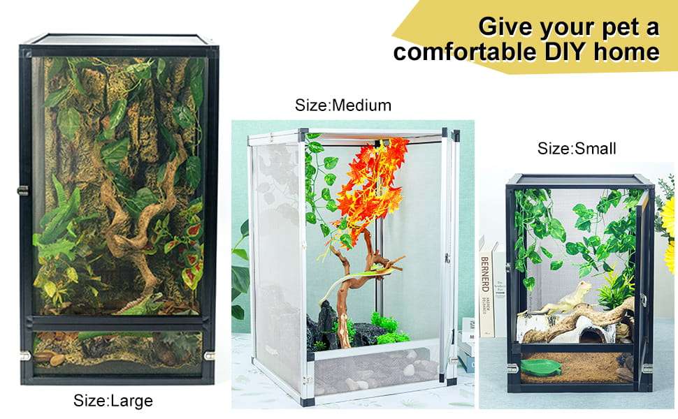 Un terrario de malla metálica para reptiles, mostrando su vista de 360°, diseño de fácil armado y óptima ventilación.