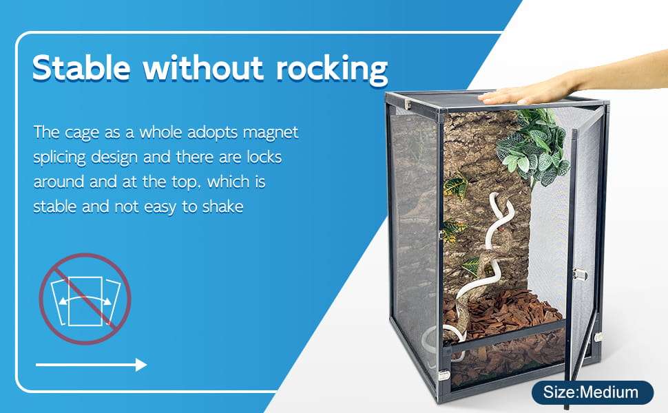 Un terrario de malla metálica para reptiles, mostrando su vista de 360°, diseño de fácil armado y óptima ventilación.