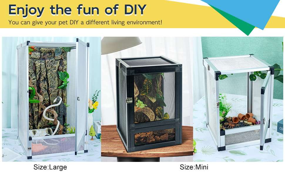 Un terrario de malla metálica para reptiles, mostrando su vista de 360°, diseño de fácil armado y óptima ventilación.