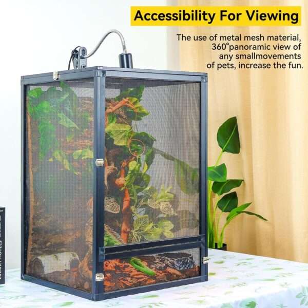 Un terrario de malla metálica para reptiles, mostrando su vista de 360°, diseño de fácil armado y óptima ventilación.
