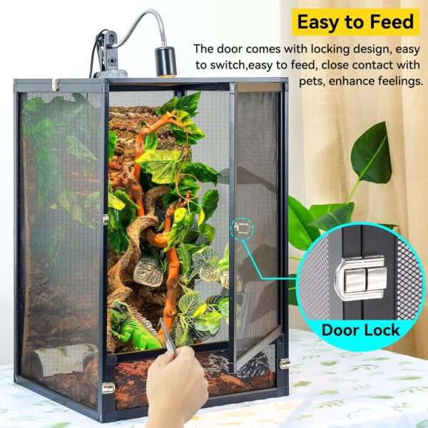 Un terrario de malla metálica para reptiles, mostrando su vista de 360°, diseño de fácil armado y óptima ventilación.