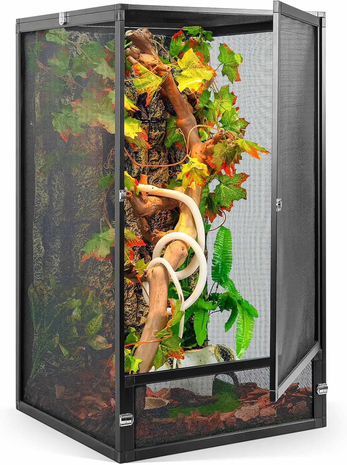 Un terrario de malla metálica para reptiles, mostrando su vista de 360°, diseño de fácil armado y óptima ventilación.