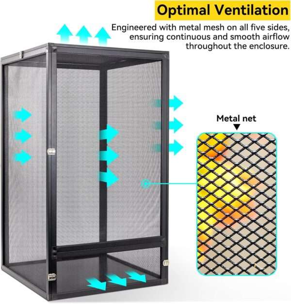 Un terrario de malla metálica para reptiles, mostrando su vista de 360°, diseño de fácil armado y óptima ventilación.