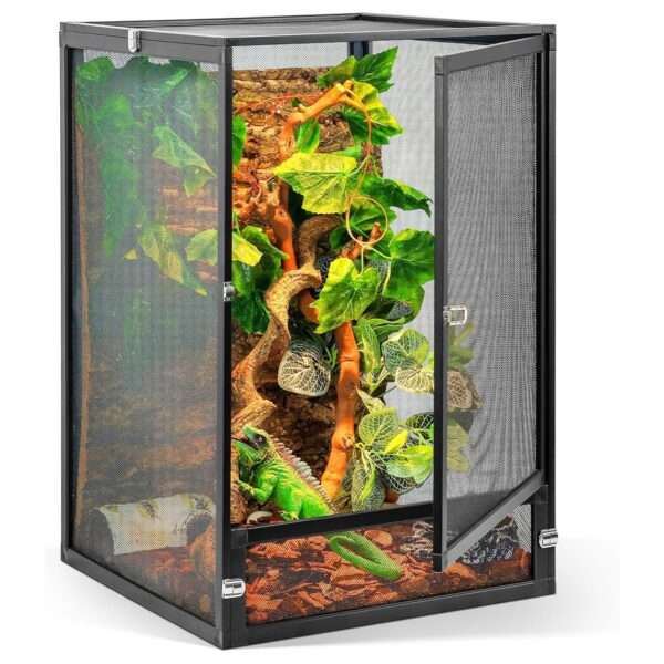 Un terrario de malla metálica para reptiles, mostrando su vista de 360°, diseño de fácil armado y óptima ventilación.