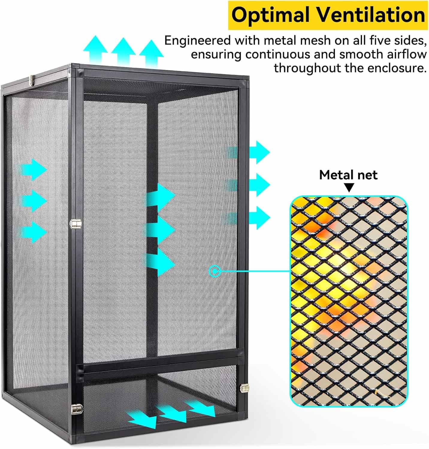 Un terrario de malla metálica para reptiles, mostrando su vista de 360°, diseño de fácil armado y óptima ventilación.