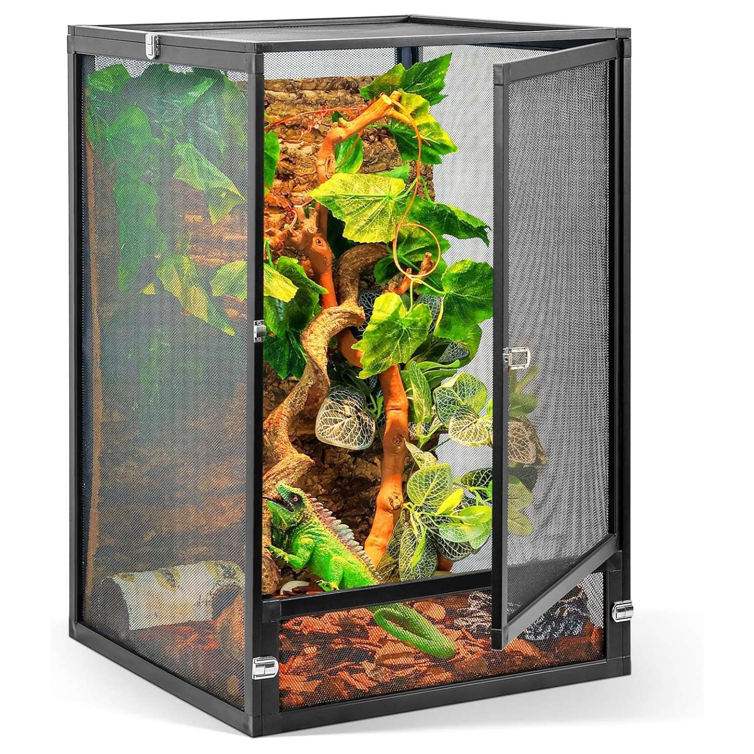 Un terrario de malla metálica para reptiles, mostrando su vista de 360°, diseño de fácil armado y óptima ventilación.
