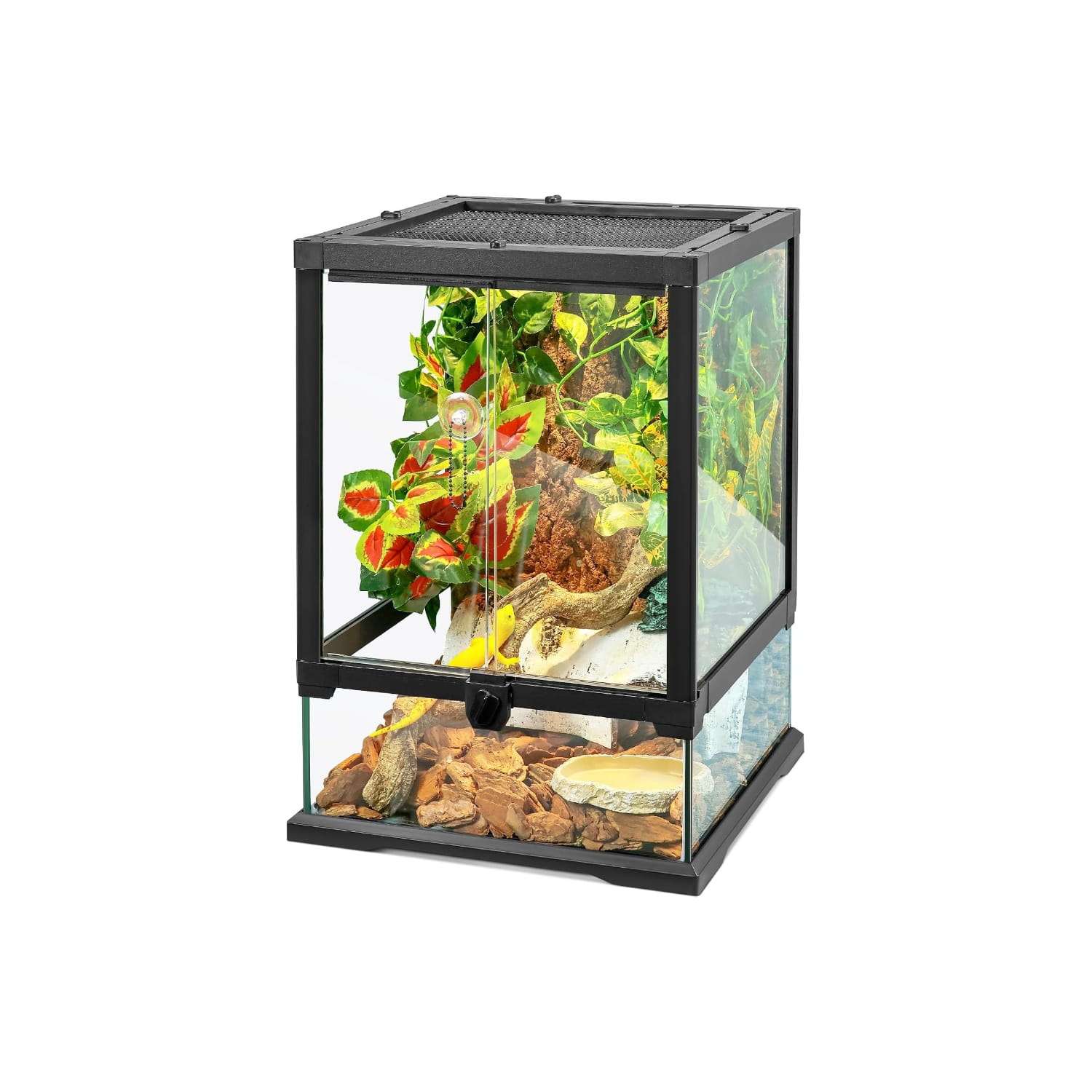 Un terrario de vidrio con base hermética, mostrando su diseño de puerta frontal, ventilación de malla y orificios para cables. Ideal para reptiles y anfibios.