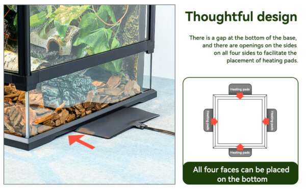 Un terrario de vidrio con base hermética, mostrando su diseño de puerta frontal, ventilación de malla y orificios para cables. Ideal para reptiles y anfibios.