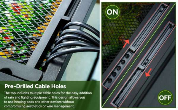 Un terrario de vidrio con base hermética, mostrando su diseño de puerta frontal, ventilación de malla y orificios para cables. Ideal para reptiles y anfibios.