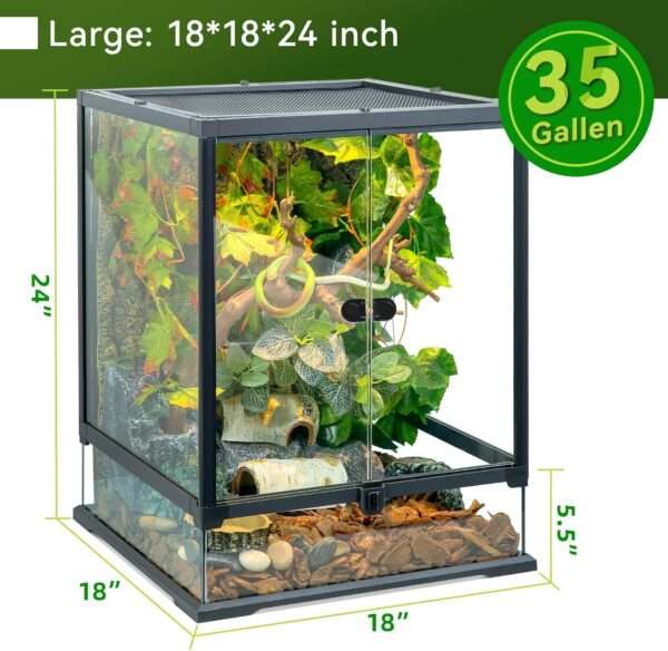 Un terrario de vidrio con base hermética, mostrando su diseño de puerta frontal, ventilación de malla y orificios para cables. Ideal para reptiles y anfibios.