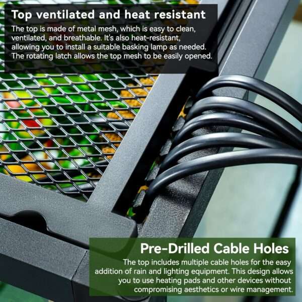 Un terrario de vidrio con base hermética, mostrando su diseño de puerta frontal, ventilación de malla y orificios para cables. Ideal para reptiles y anfibios.