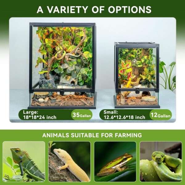 Un terrario de vidrio con base hermética, mostrando su diseño de puerta frontal, ventilación de malla y orificios para cables. Ideal para reptiles y anfibios.