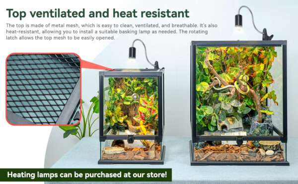 Un terrario de vidrio con base hermética, mostrando su diseño de puerta frontal, ventilación de malla y orificios para cables. Ideal para reptiles y anfibios.